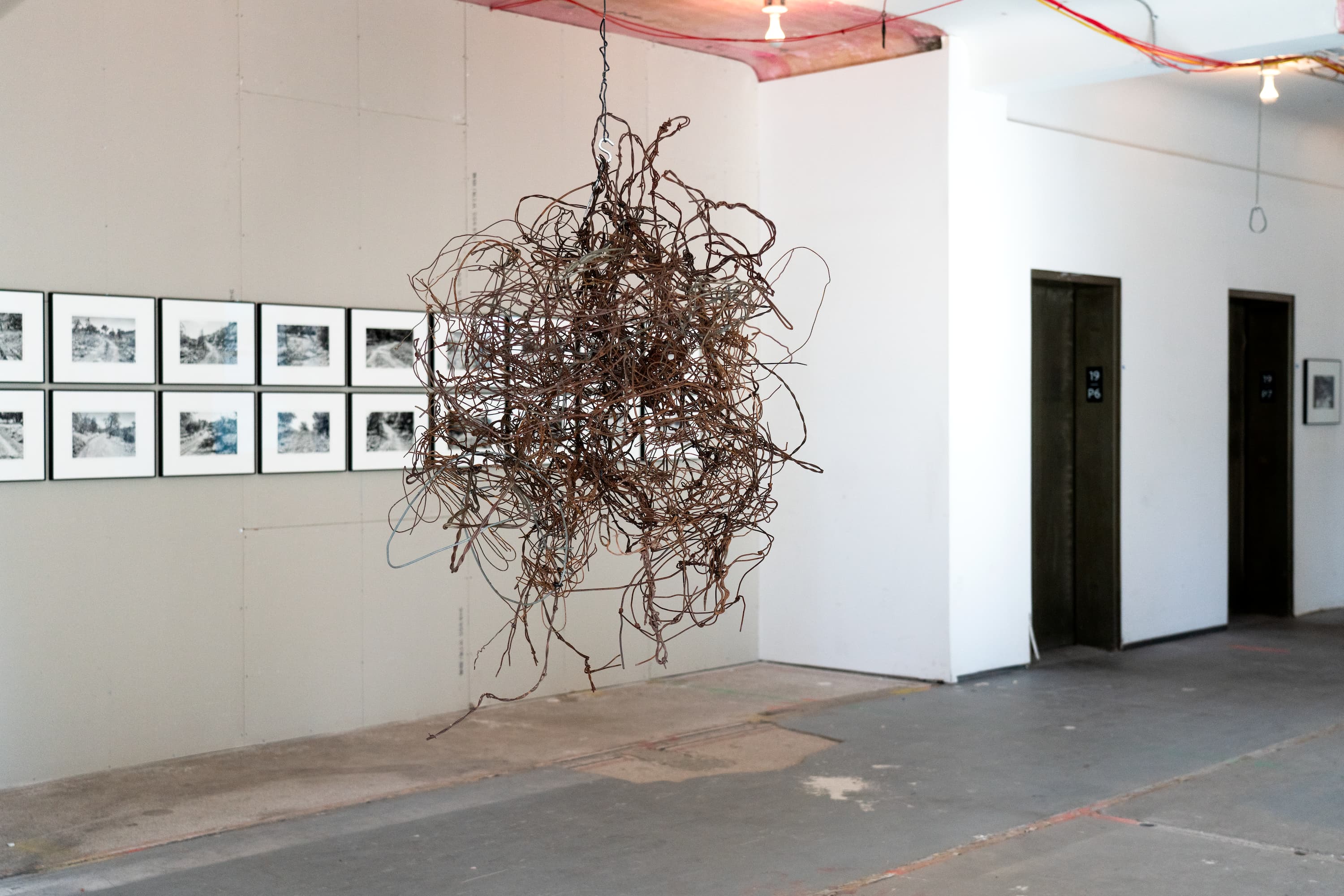 A hanging sculpture resembling a tange of rusting wire