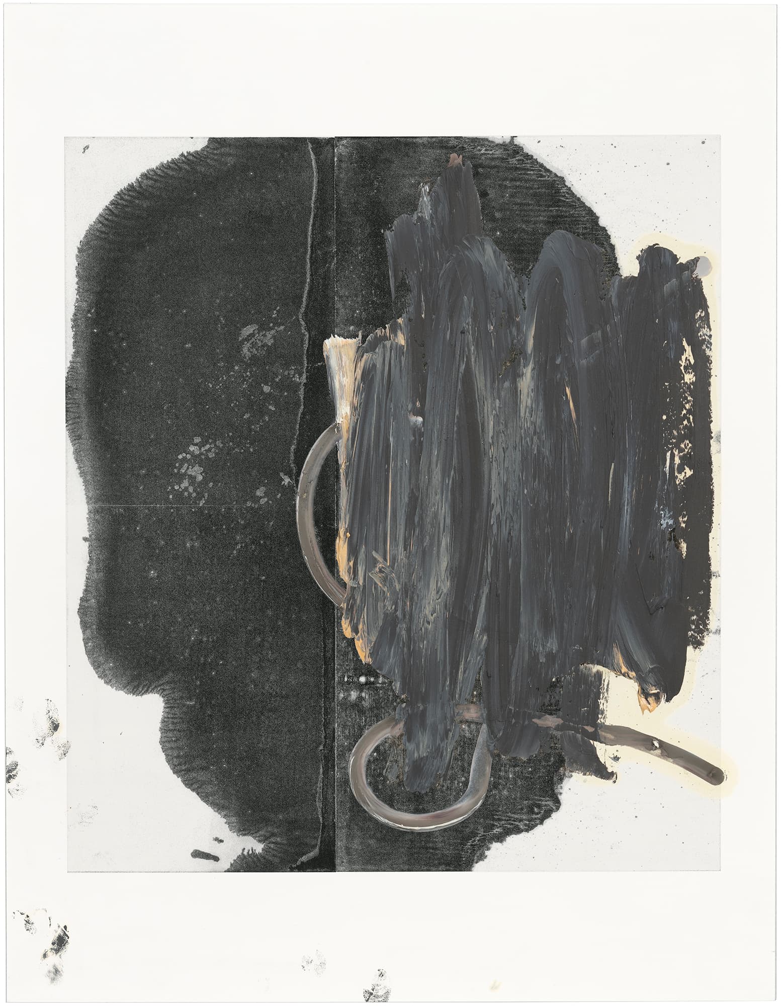 A color image of a work on paper. A large dark central shape conjures a human head and is covered on the right by energetic vertical painting strokes.