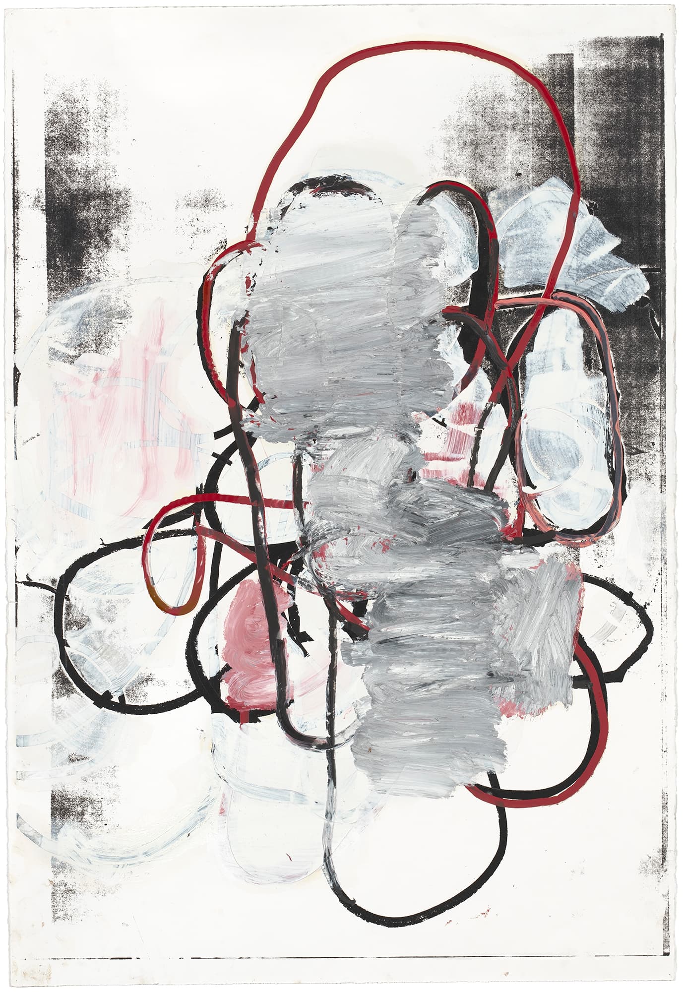 A color image of a work on paper. Curvy black and dark red lines with gray horizontal strokes are laid atop what appear to be a black and white xerox print.